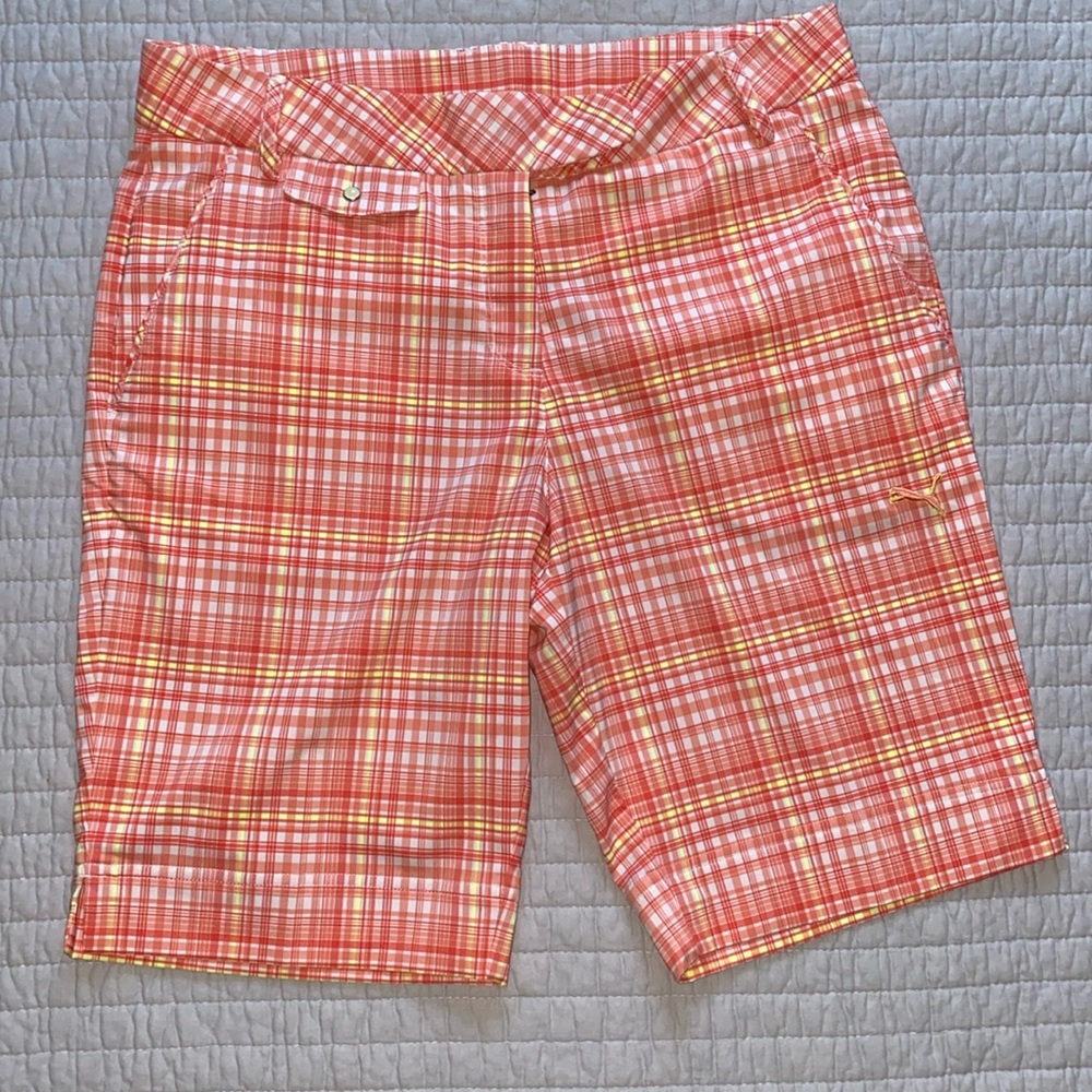 Preppy Fun Puma Bright Colorful Plaid Bermuda Golf Shorts Orange & Yello…